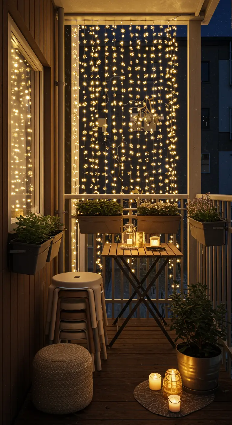 A balcony with a curtain of fairy lights creating a sparkling backdrop behind a small table.