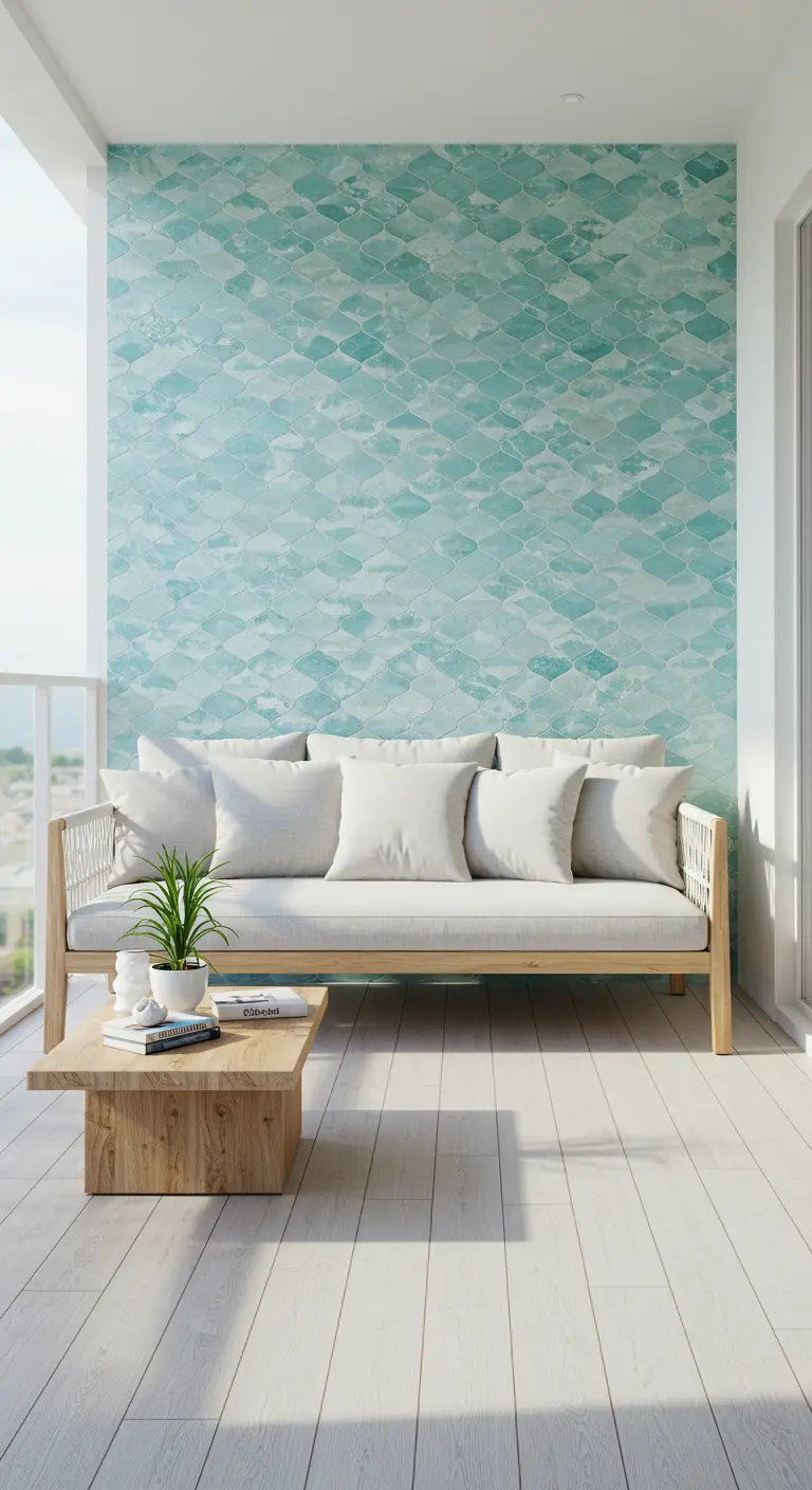 A balcony with a light aqua scalloped tile accent wall behind a sofa with white cushions.