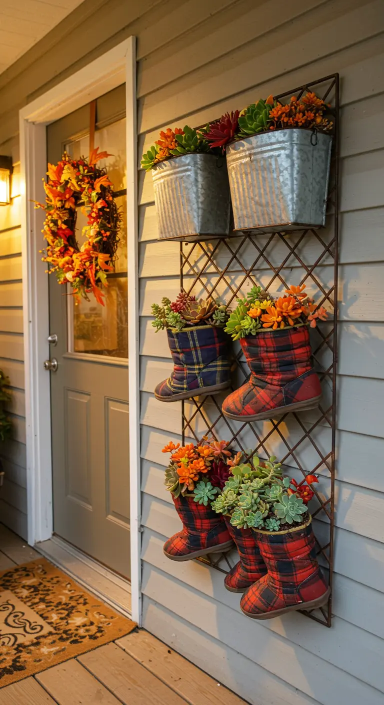 Plaid boots and metal buckets with autumn-colored succulents on a trellis by a door.