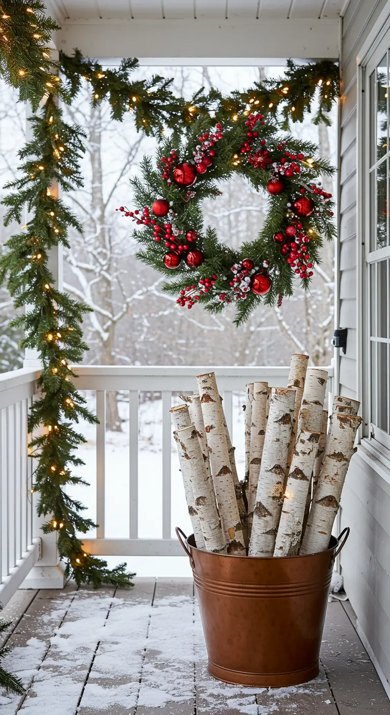 A copper bucket filled with birch logs sits on a snowy porch corner next to a red berry wreath.