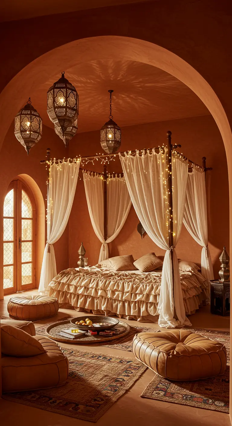 Terracotta-walled bedroom with a canopy bed, sheer curtains, and Moroccan lanterns.