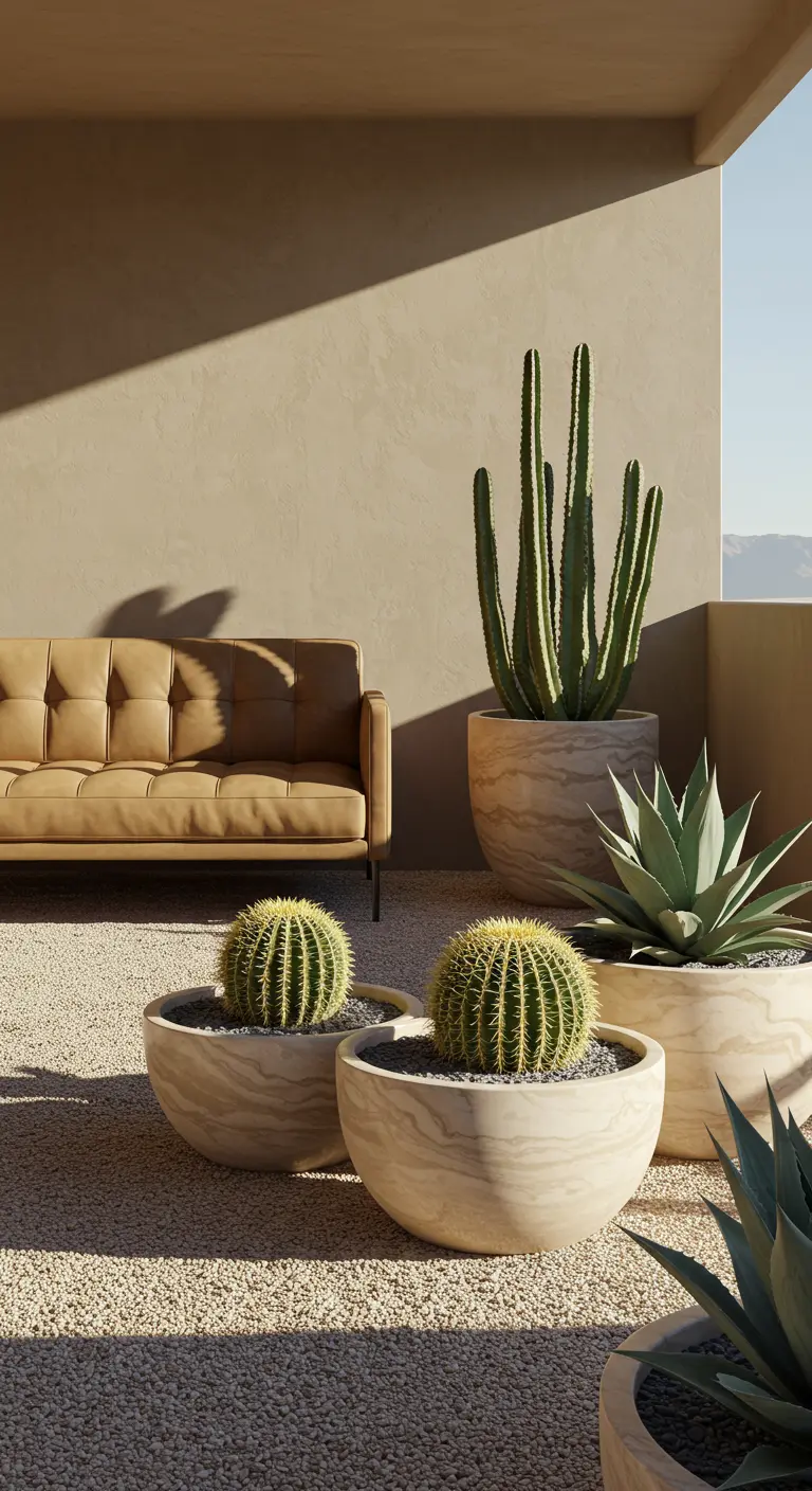 A desert-themed balcony with cacti and succulents in sand-colored pots.