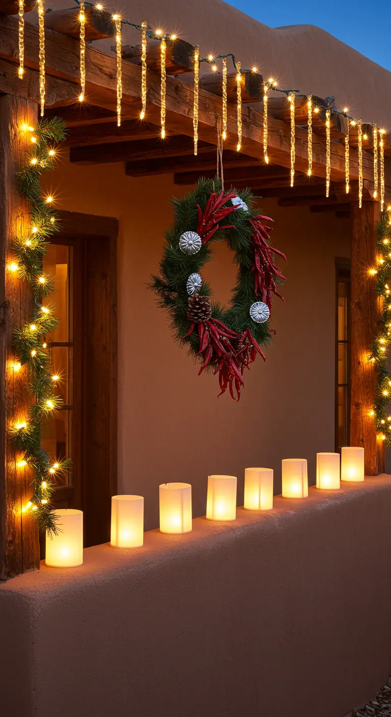 A Southwestern adobe porch with a chili pepper wreath, icicle lights, and glowing luminarias.