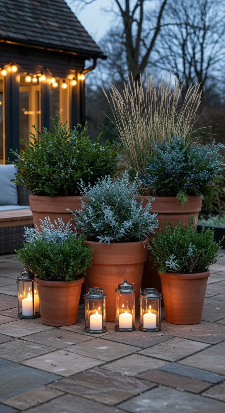 A cluster of terracotta pots with winter evergreens and grasses, lit by candles in lanterns.