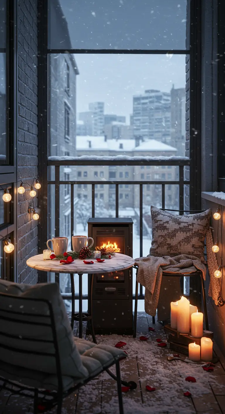 A marble table on a snowy balcony with a small tabletop fire pit, candles, and cozy blankets.