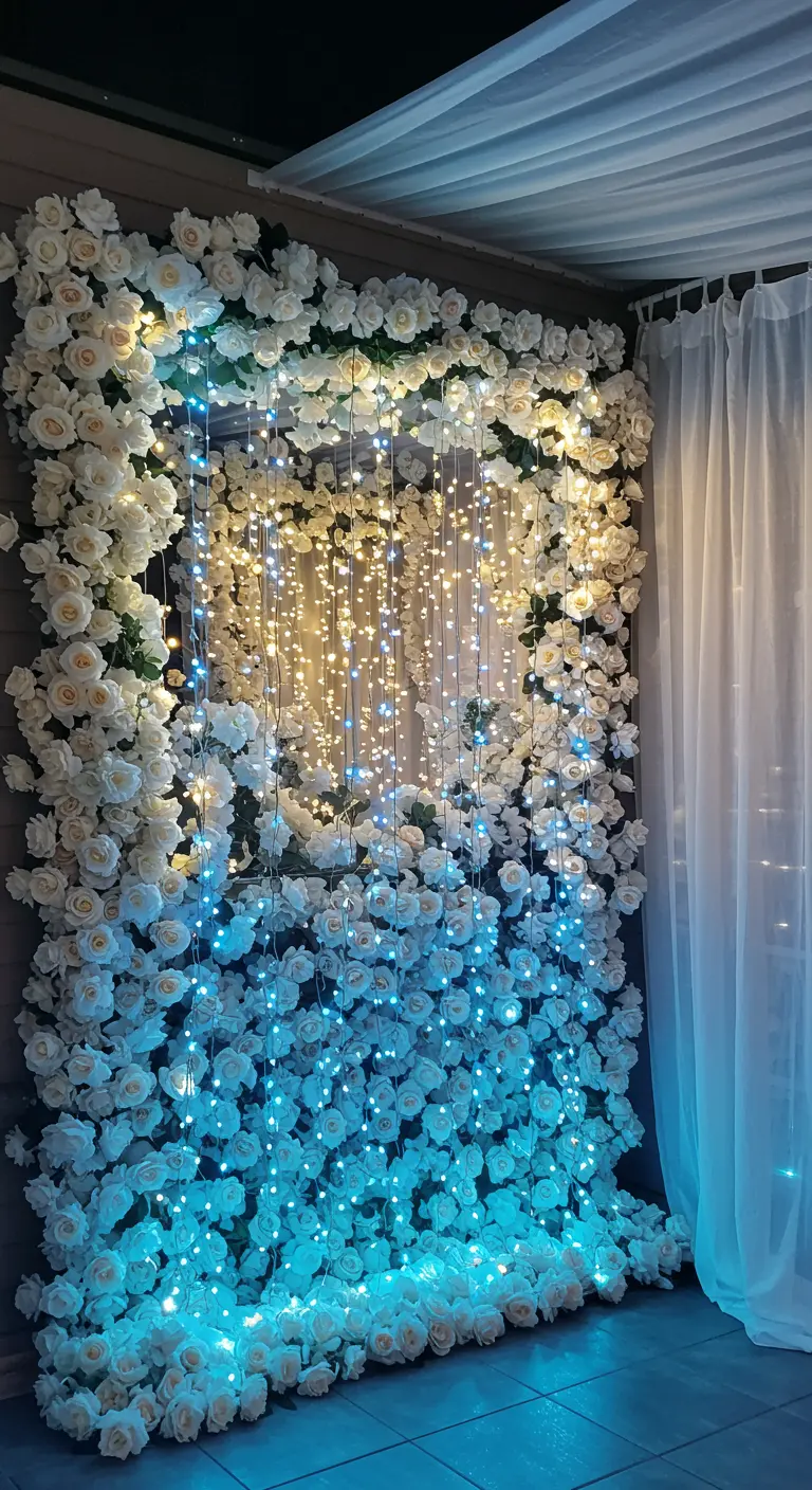 A wall of white roses frames a waterfall of blue and white fairy lights, creating a glowing portal.
