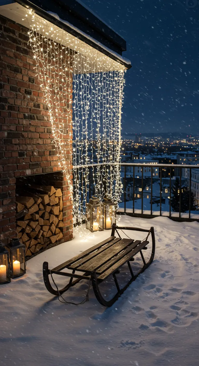 Balcony with a brick wall, a curtain of lights, and a long sled used as a bench.