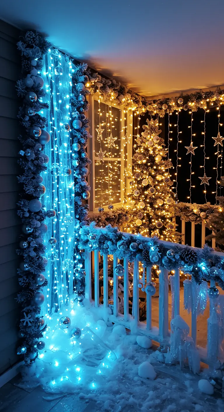 A house corner with a curtain of blue lights next to warm-lit windows.