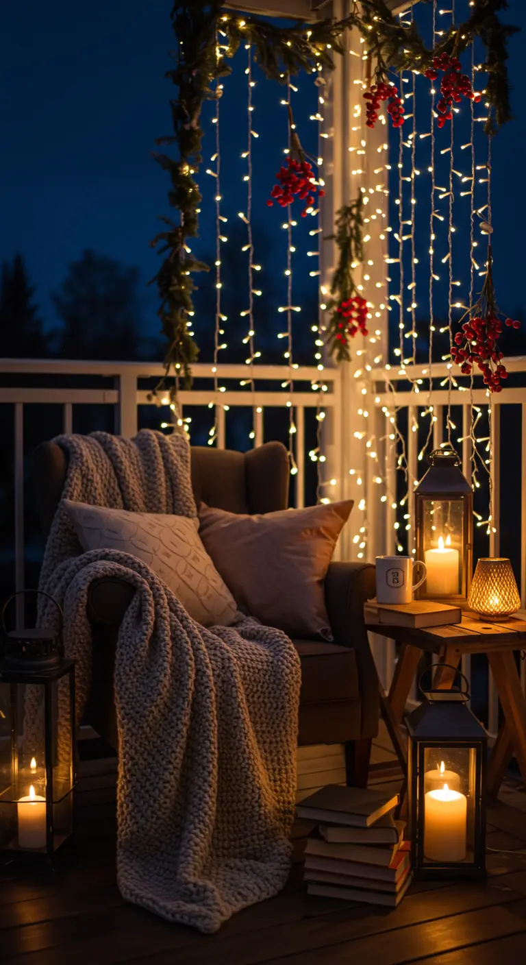 A cozy armchair on a balcony, backed by a curtain of fairy lights.