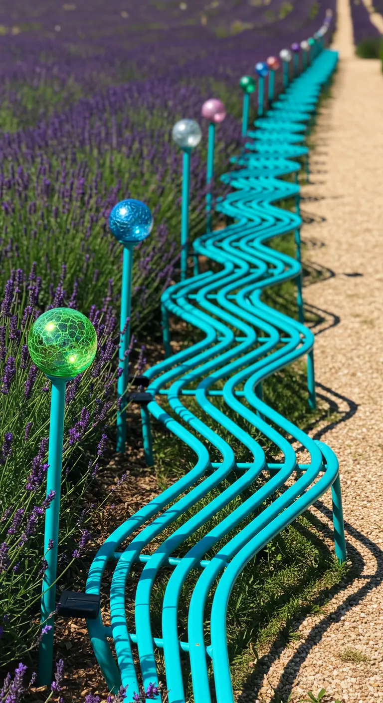 A long, wavy turquoise bench lined with colorful solar-powered glass globe lights.