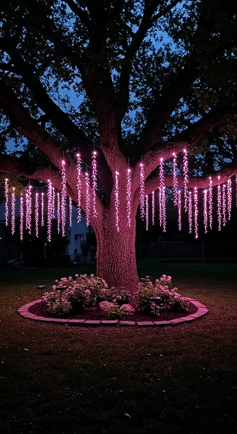 A large oak tree draped with cascading pink solar-powered willow lights.
