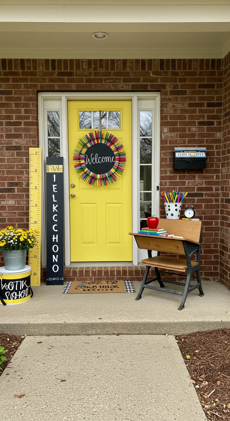 Back-to-school porch with a pencil wreath and a vintage school desk.