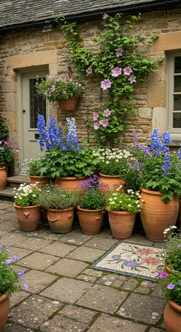 A stone doorstep with a small floral mosaic inlay, surrounded by pots of cottage flowers.