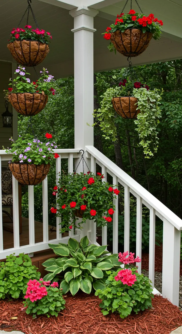 White porch railing with hanging baskets of red and purple flowers against a woodland backdrop.