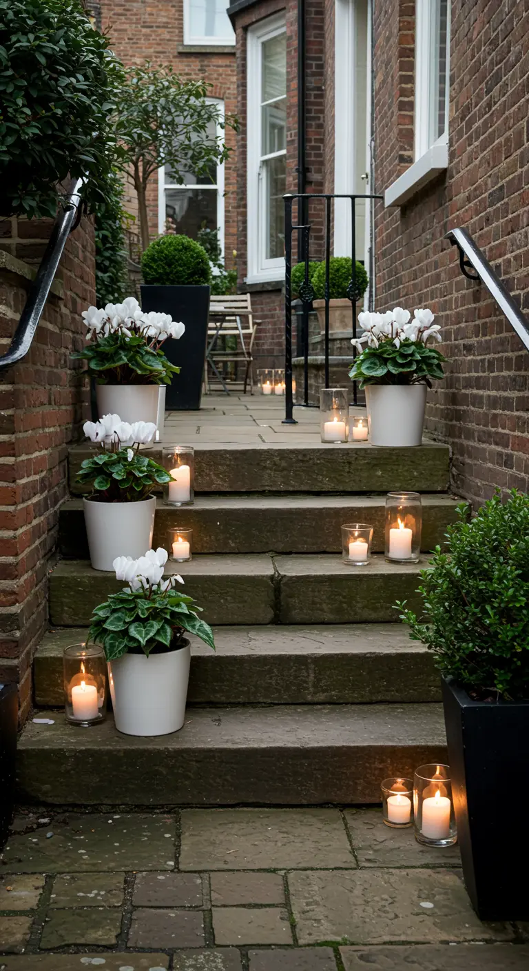 Stone steps decorated with potted white cyclamen and candles in glass hurricanes.