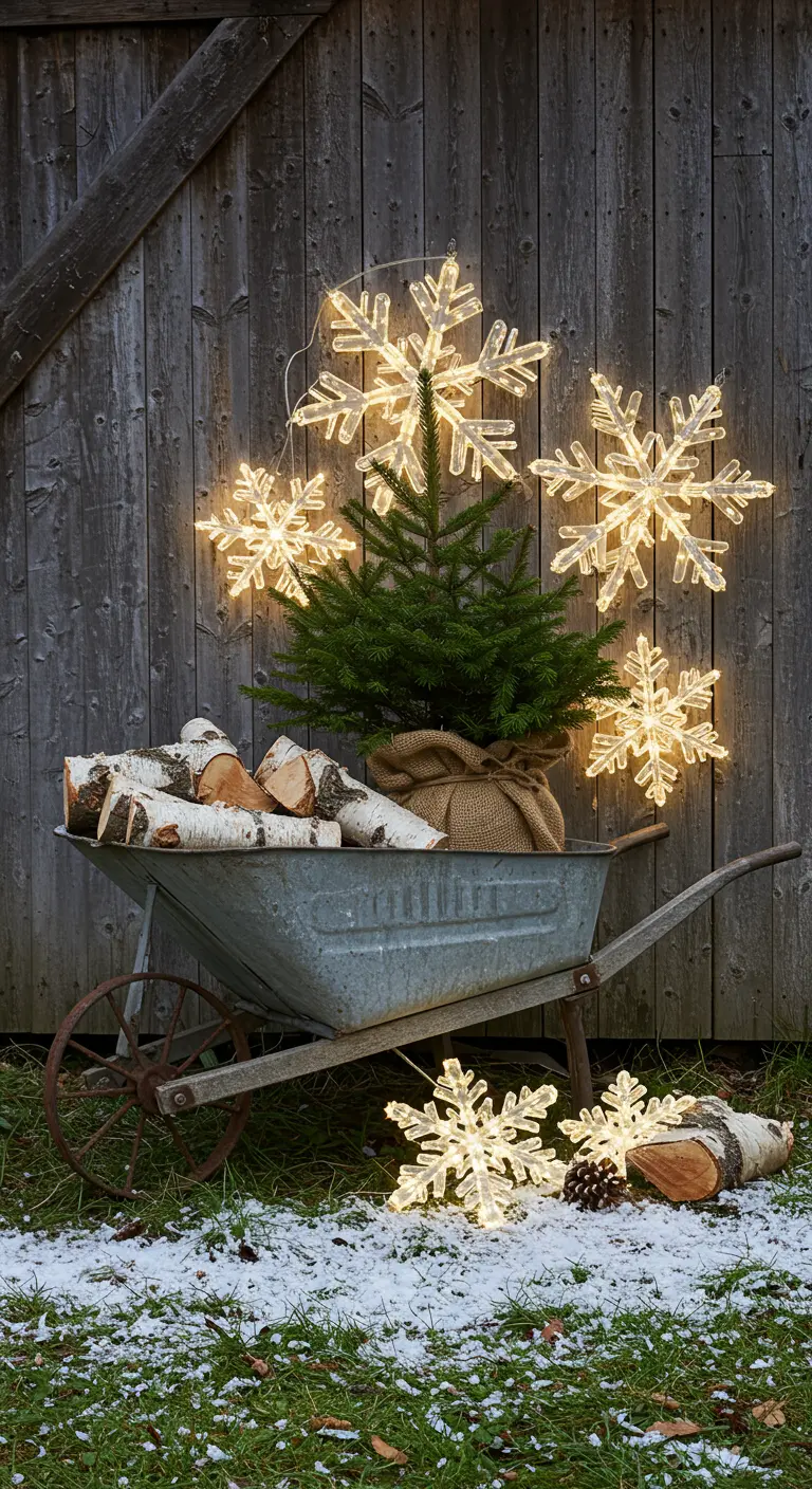 A rustic wheelbarrow filled with birch logs, a small pine tree, and large snowflake lights.