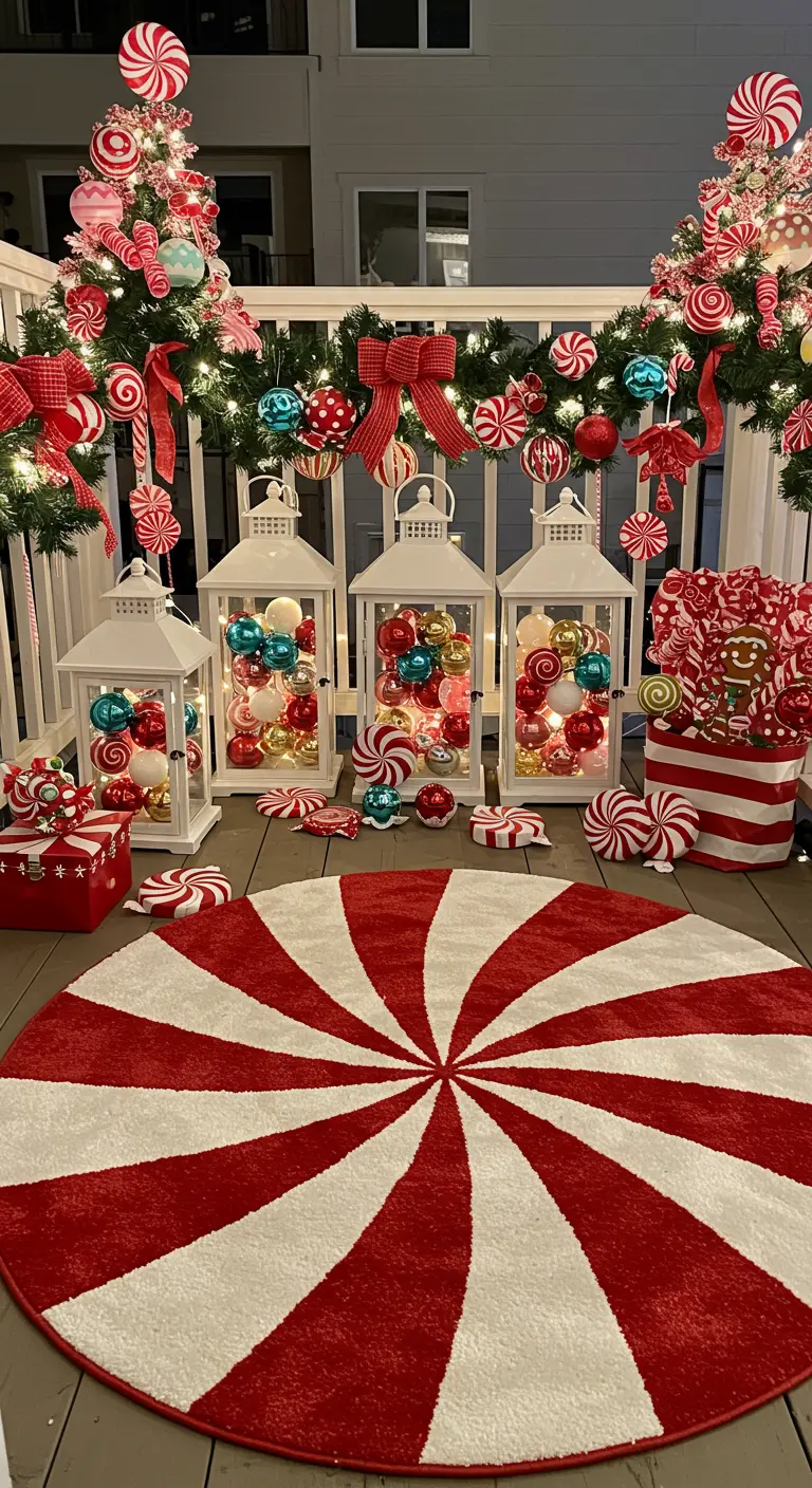 A playful Christmas balcony with a peppermint-striped rug and lanterns filled with ornaments.
