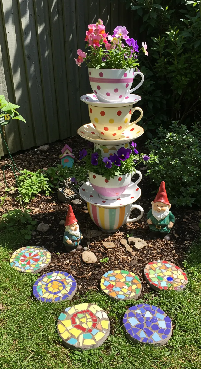 A cheerful tower of polka-dot teacups with pansies, surrounded by garden gnomes.