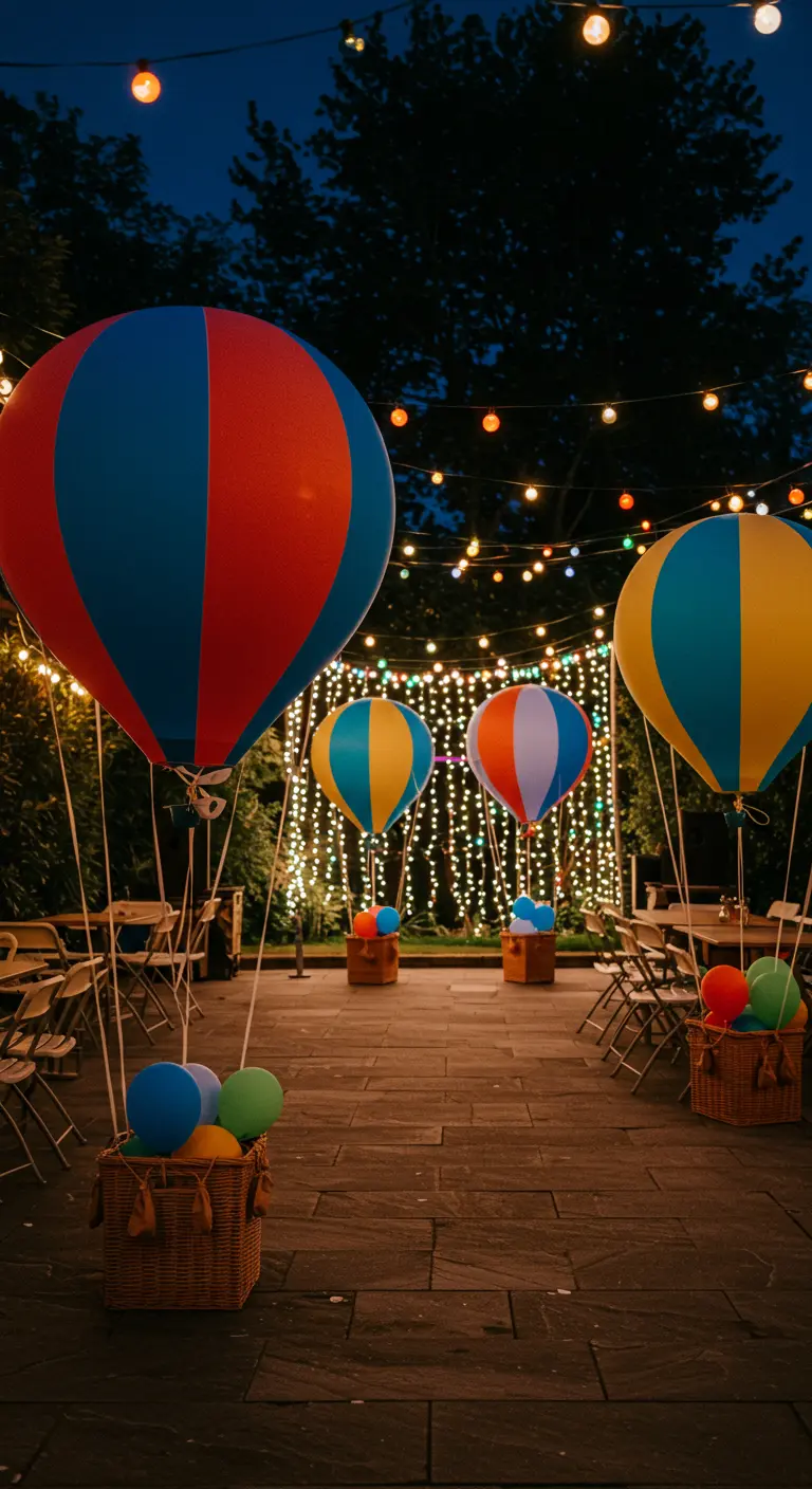 Large, colorful hot air balloon decorations with baskets sit on a patio lit by string lights.