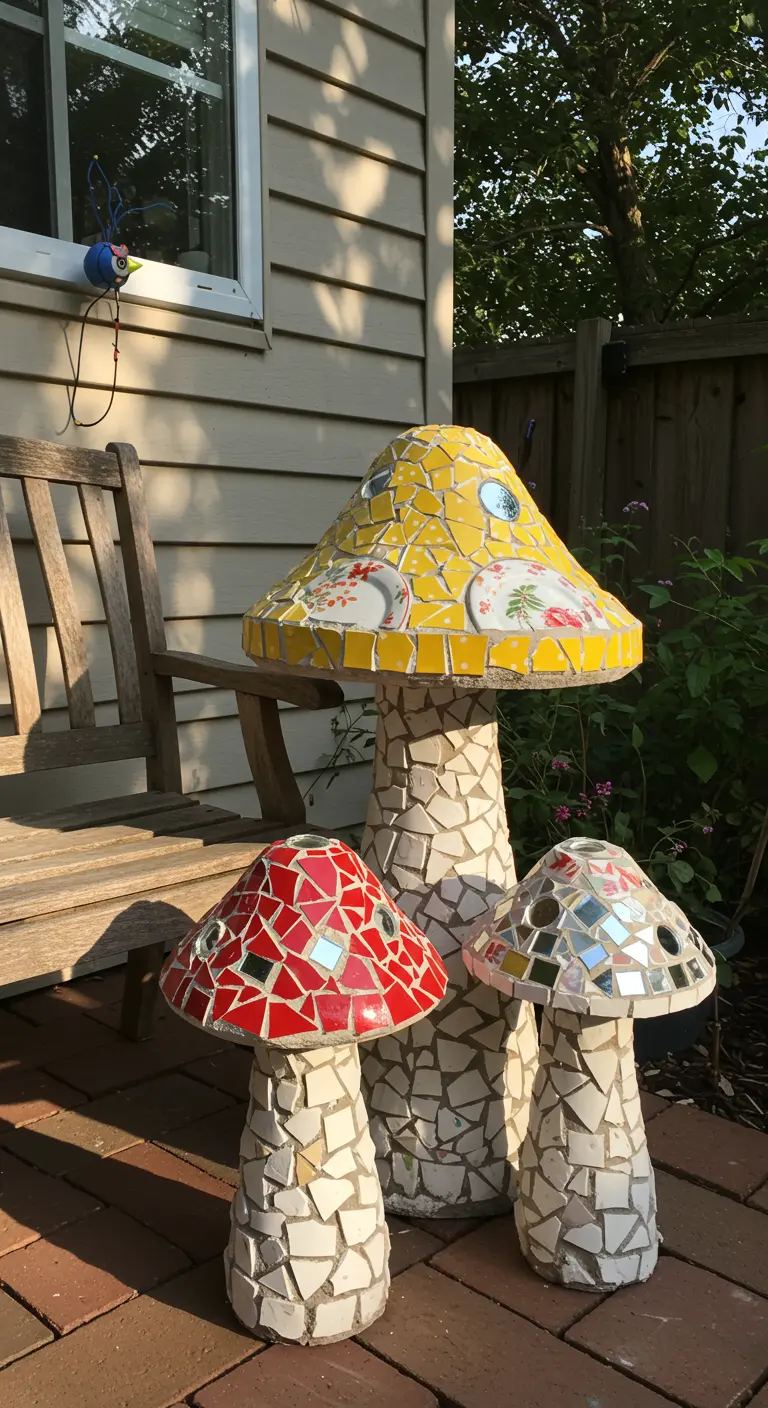 A trio of mosaic mushroom sculptures in various sizes with colorful tile caps.