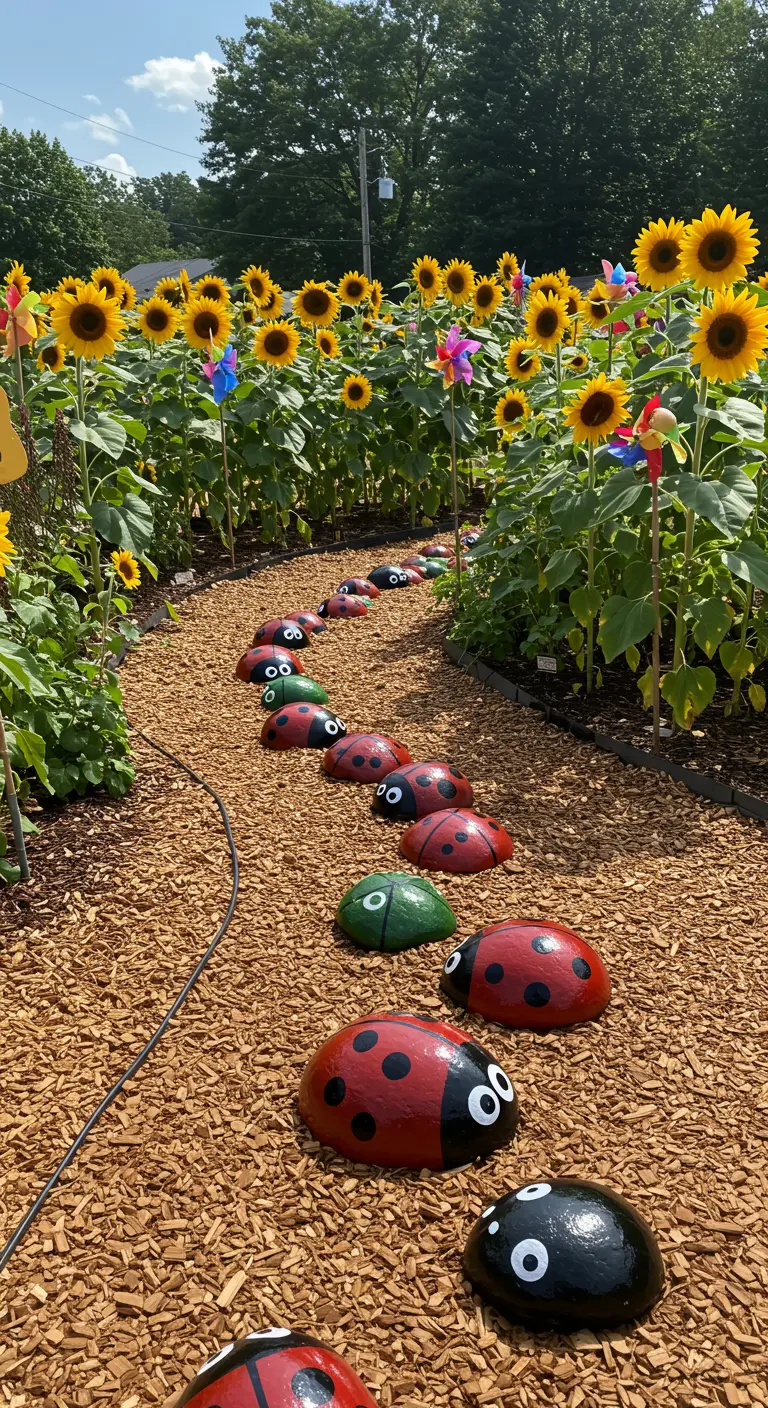 A winding path through a sunflower field lined with large, googly-eyed painted ladybug rocks.