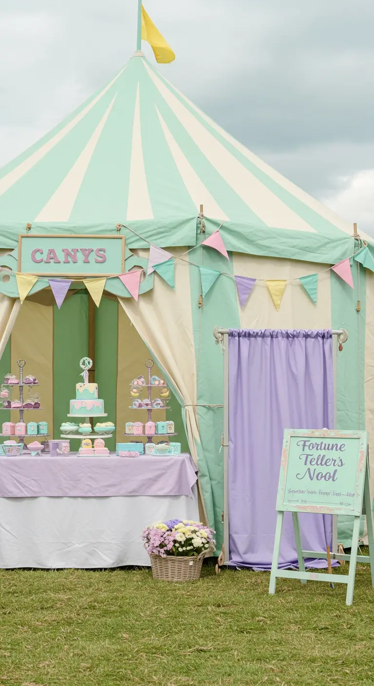 Pastel mint and lavender carnival tent dessert table.