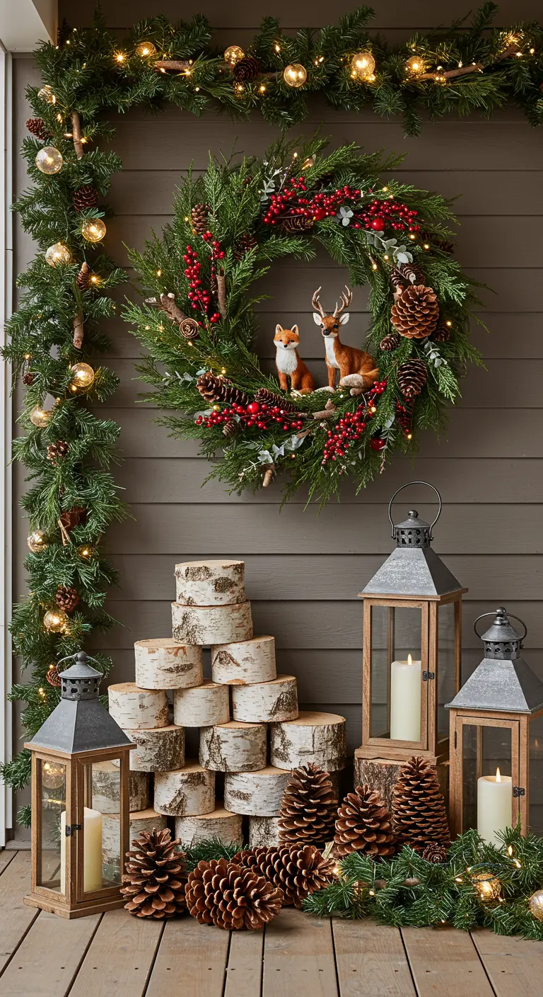 A rustic porch vignette with a wreath featuring deer and fox figures, stacked birch logs, and lanterns.