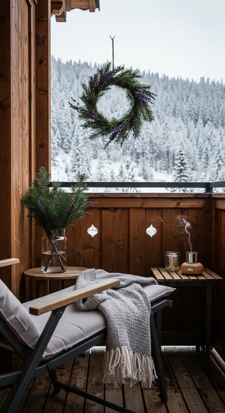A cozy balcony with a hanging pine and lavender wreath overlooking a snowy forest.