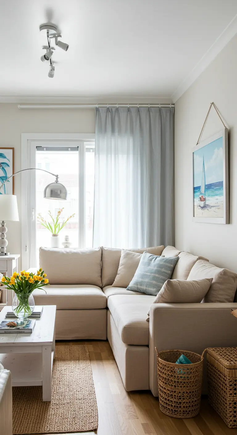 Coastal-style living room with a beige sectional, blue pillow, and woven baskets.