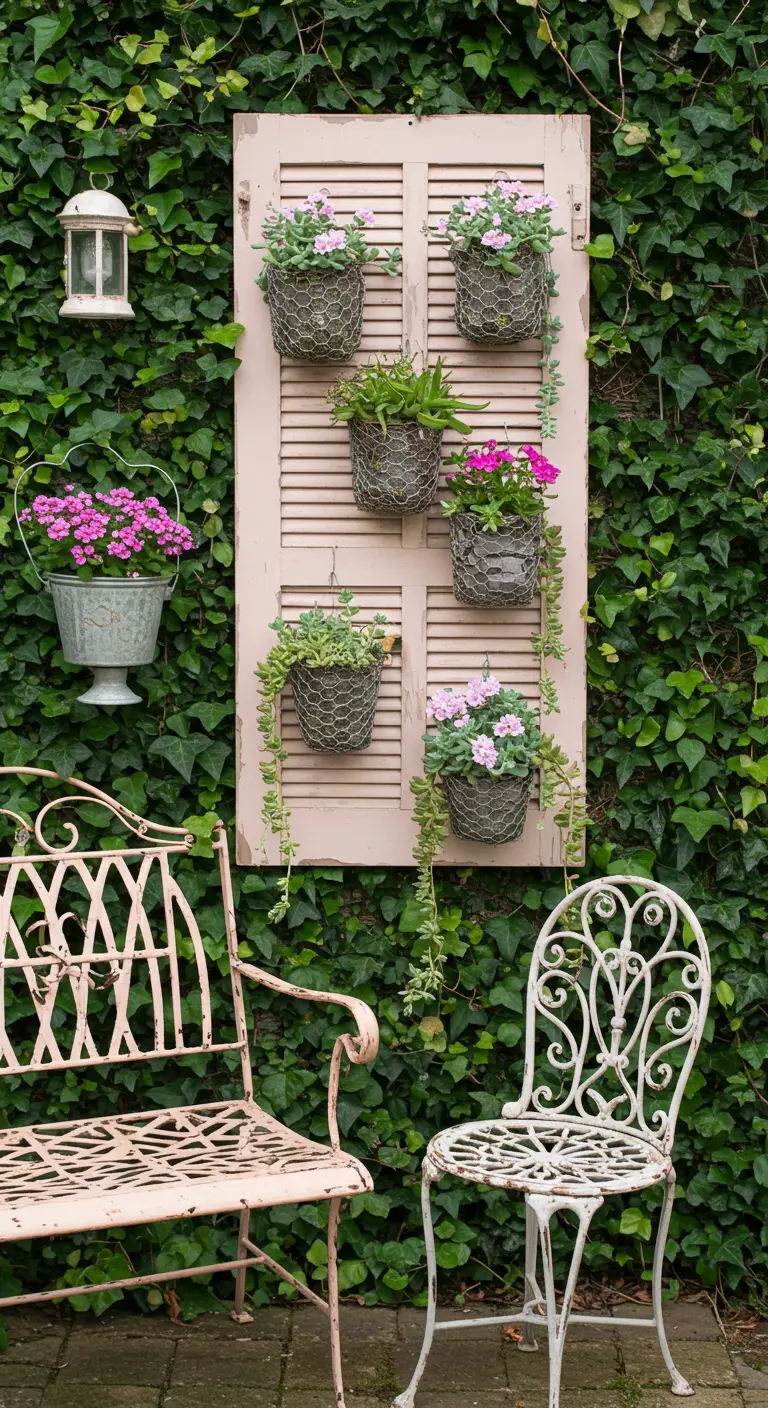 A pale pink shutter with flowers and succulents hangs on an ivy-covered wall.