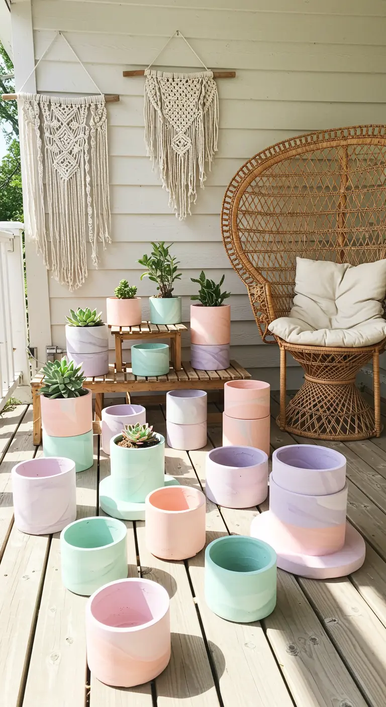 A collection of pastel marbled cement planters with succulents on a light wood deck.