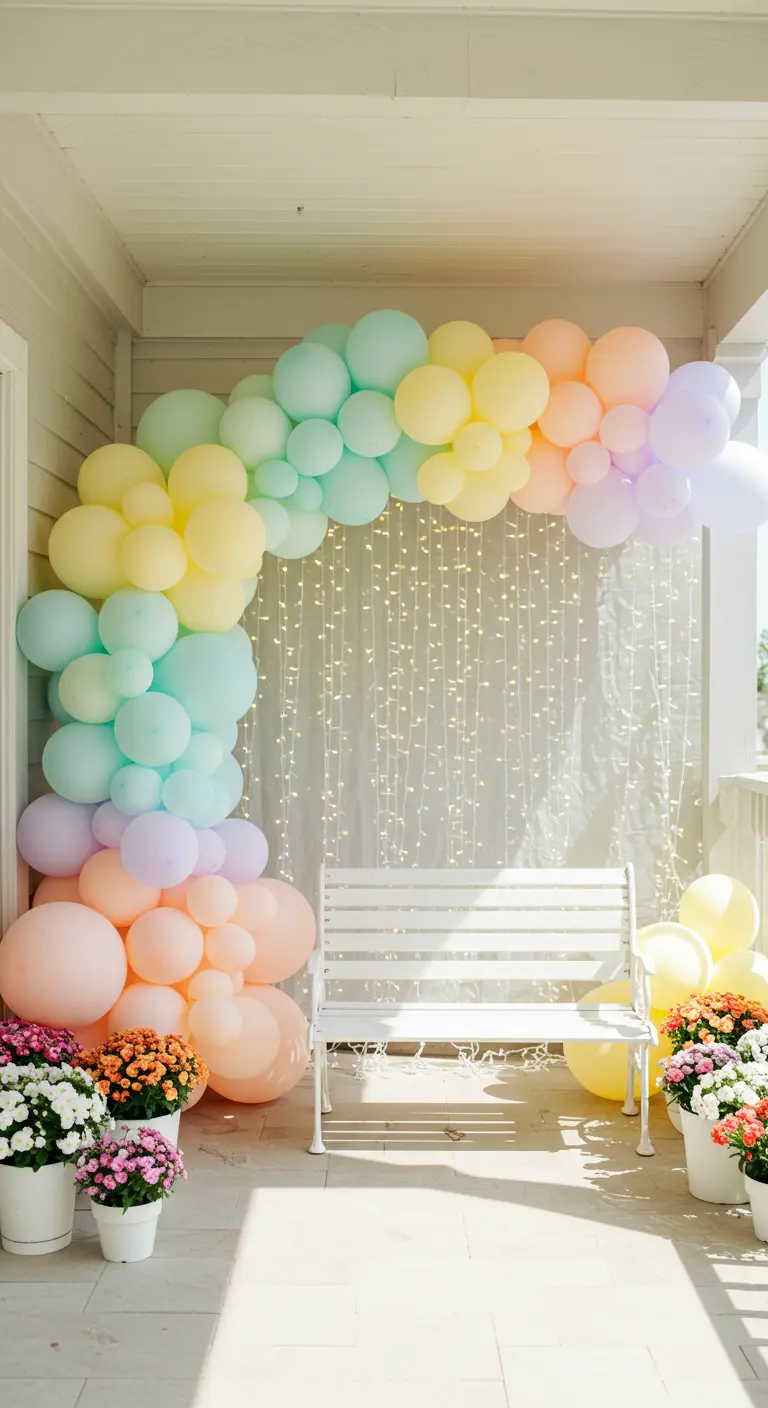 A gentle pastel rainbow balloon arch framing a white bench on a sunlit porch.