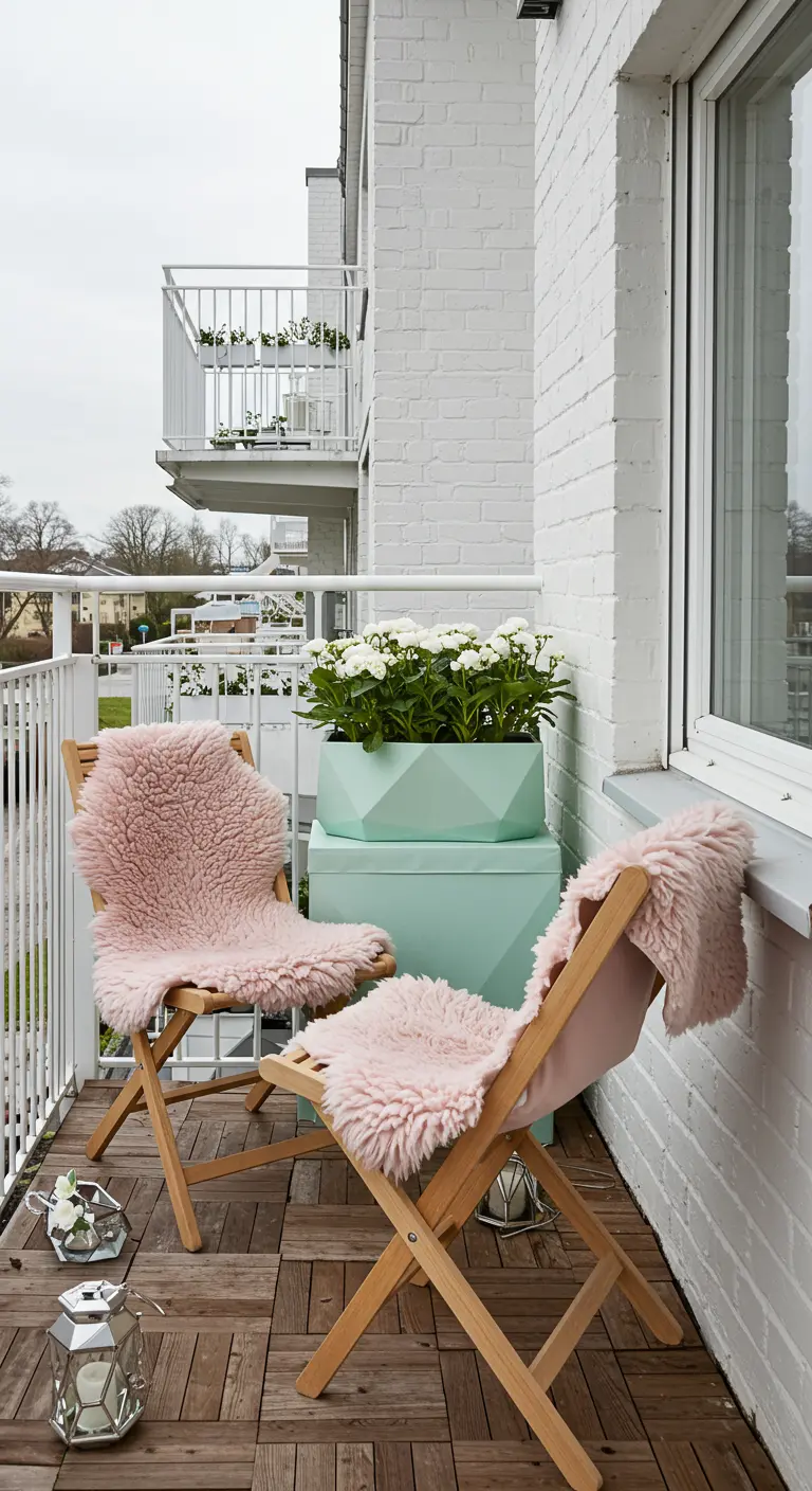 A balcony with light oak chairs, pink sheepskin throws, and a mint green planter.