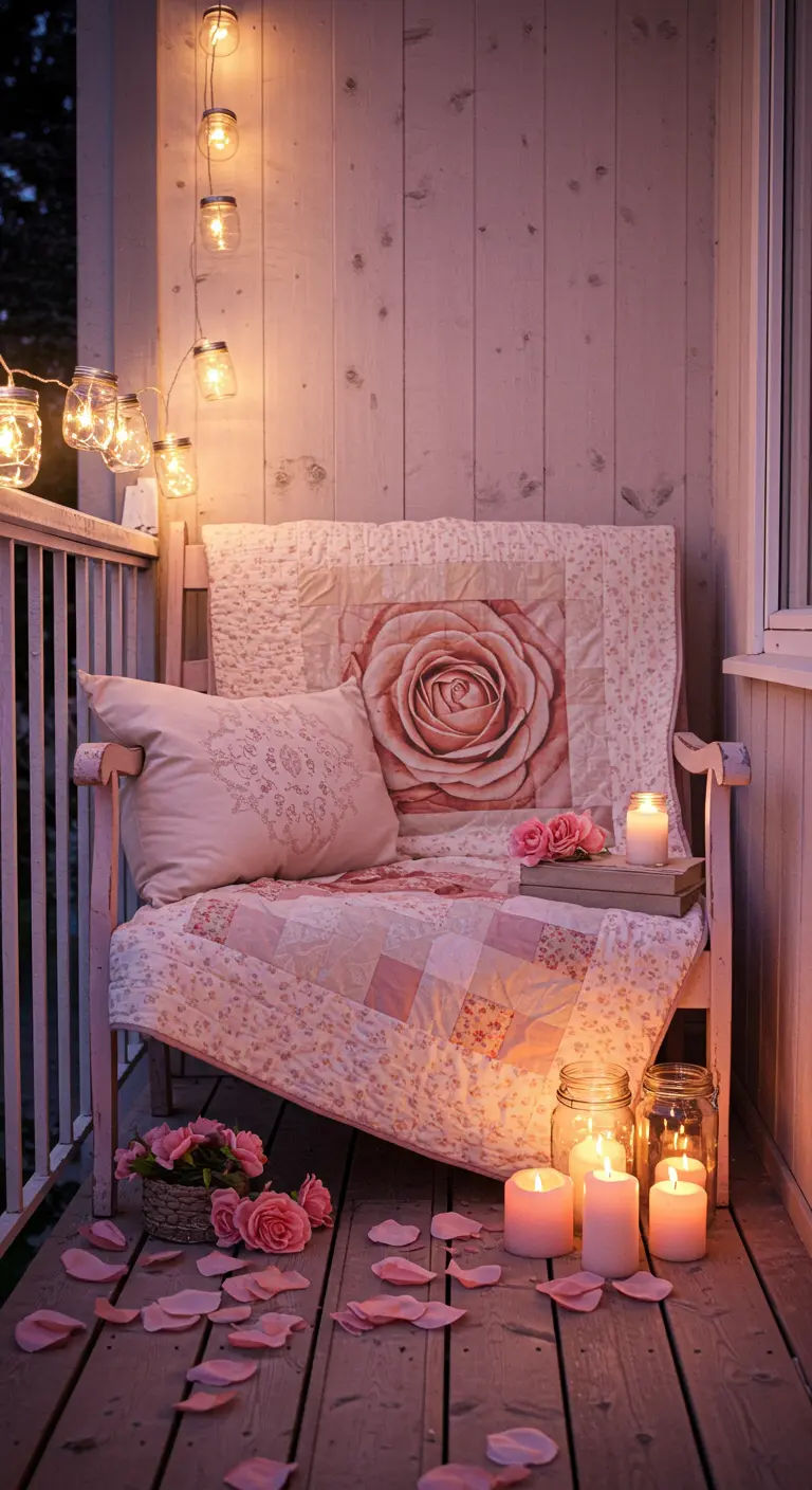 A romantic balcony nook with a rose-themed quilt, scattered petals, and glowing candles.