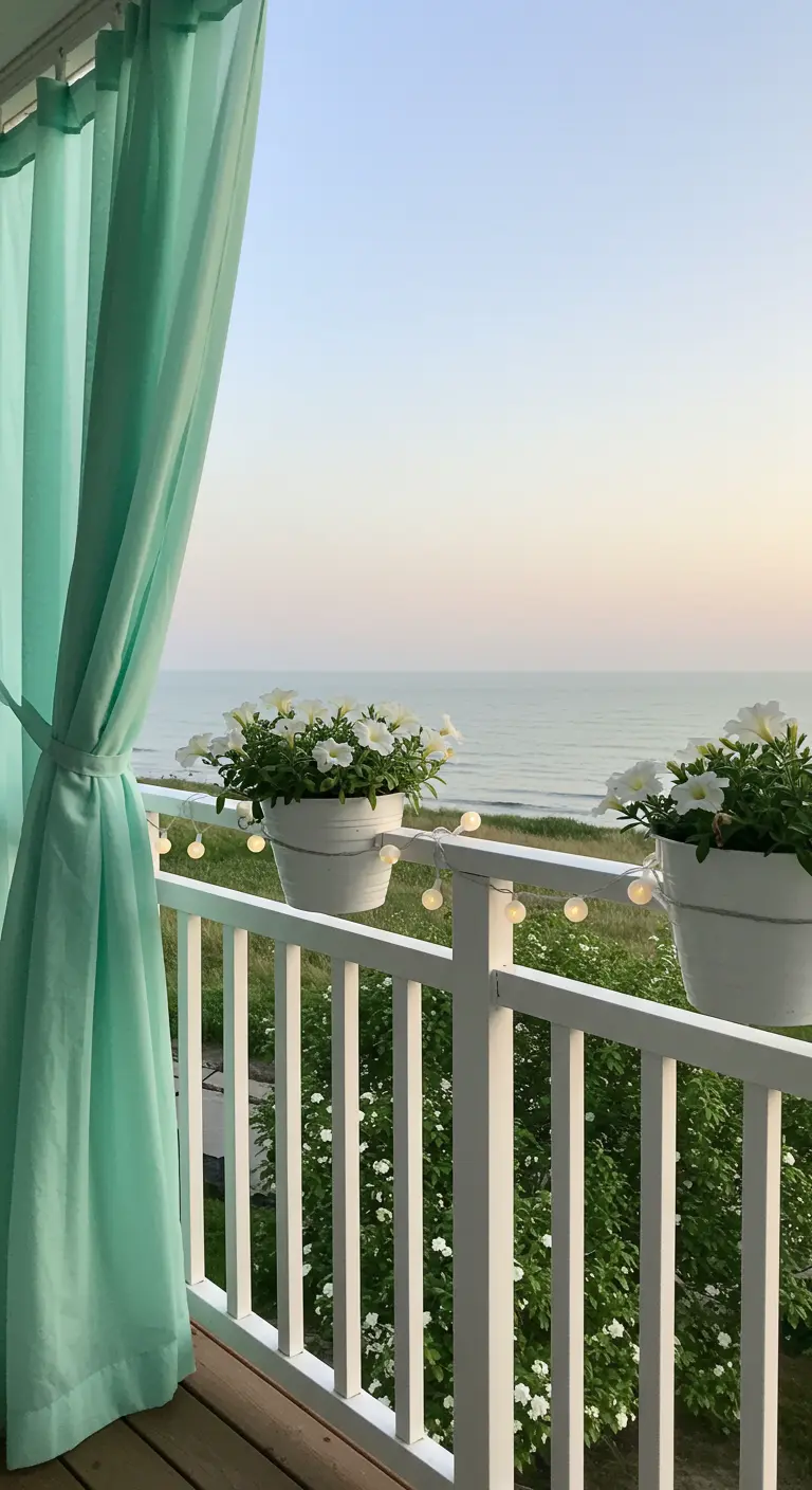 Coastal balcony with a mint green curtain, white railing planters, and an ocean view.
