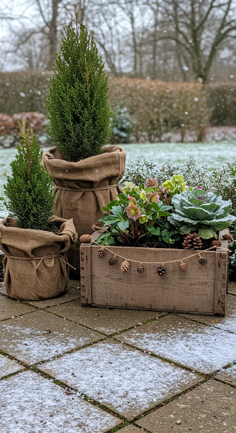 Burlap-wrapped conifers and a wooden crate with hellebores and cabbage on a snowy patio.