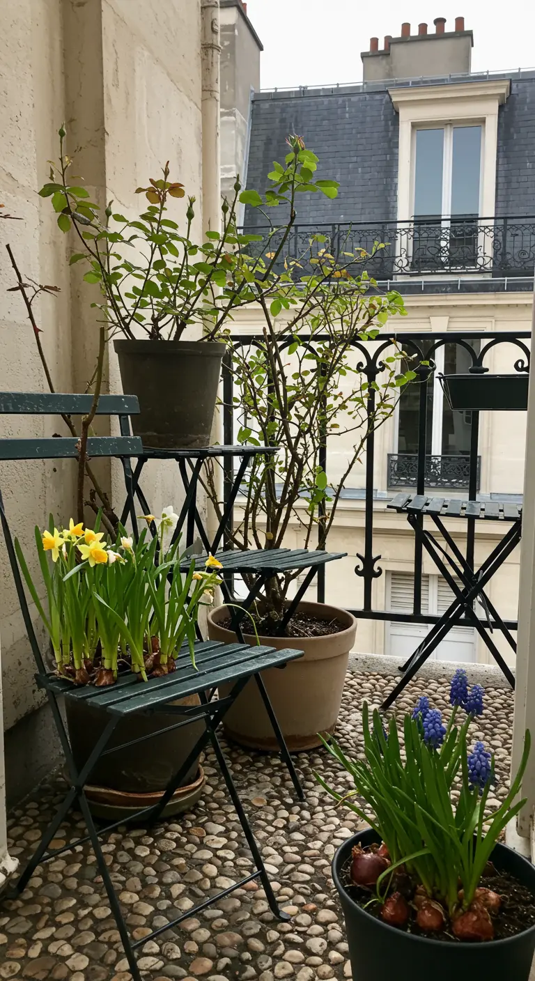 A balcony in early spring with pots of blooming daffodils and hyacinths on chairs and stands.
