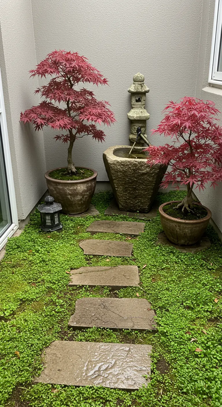 Lush corner garden with Japanese maples, a stone lantern, and a path on green groundcover.