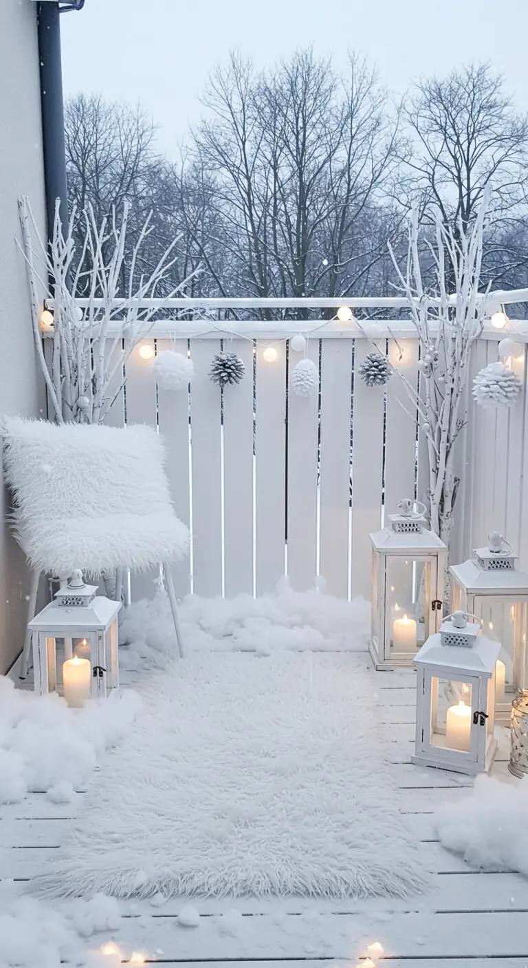 An all-white balcony scene with a faux fur rug, white lanterns, and white-painted branches.