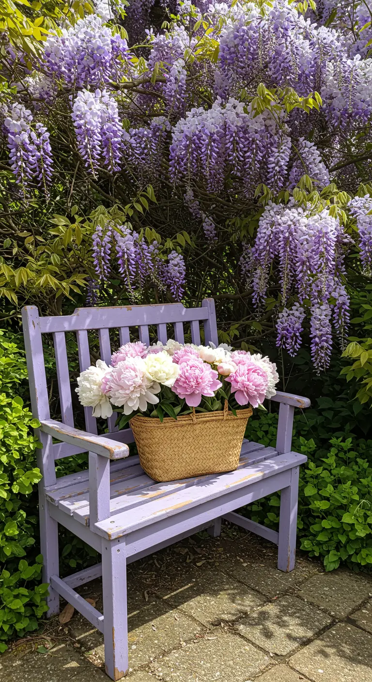 Lilac purple bench under a blooming wisteria vine with peonies in a basket.