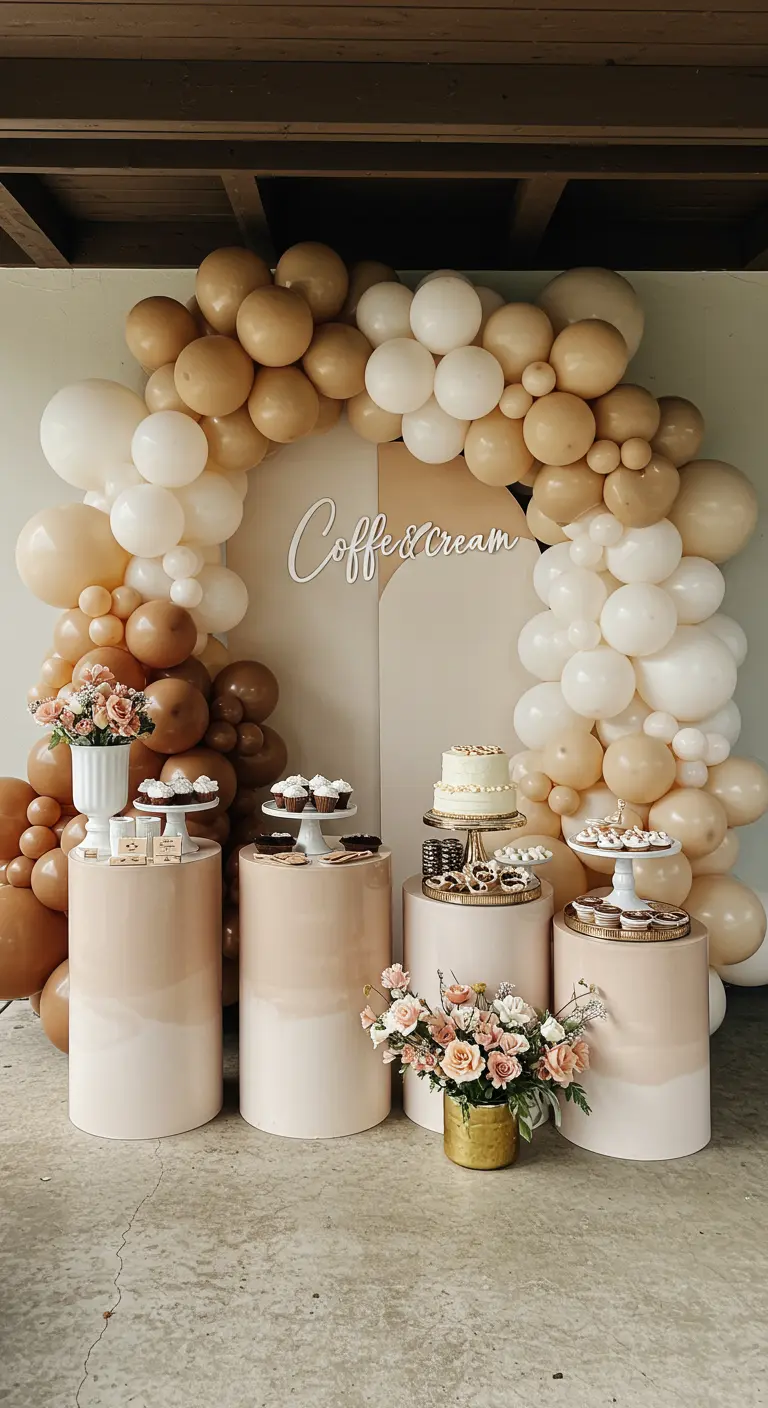 A balloon arch in shades of brown, tan, and cream for a 'Coffee & Cream' themed party.