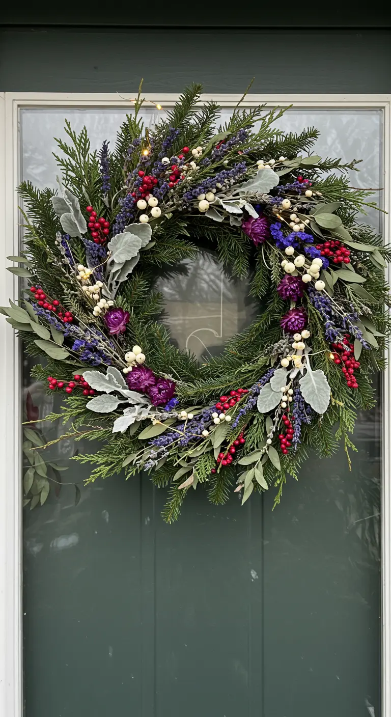 A close-up of a lush, wild wreath with evergreens, purple flowers, red berries, and fairy lights.