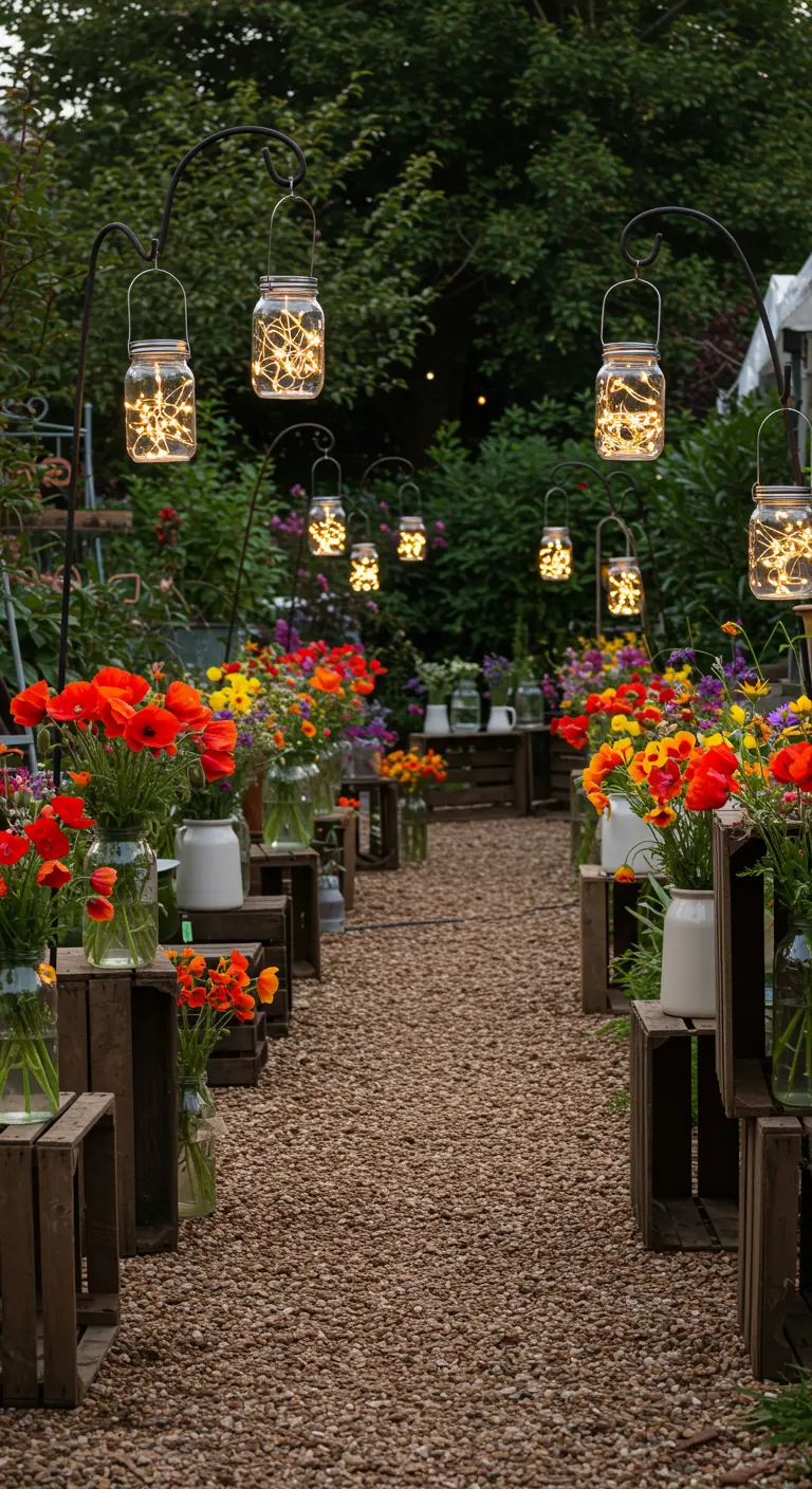 A gravel path lined with bright poppies in vases on wooden crates and hanging jar lights.