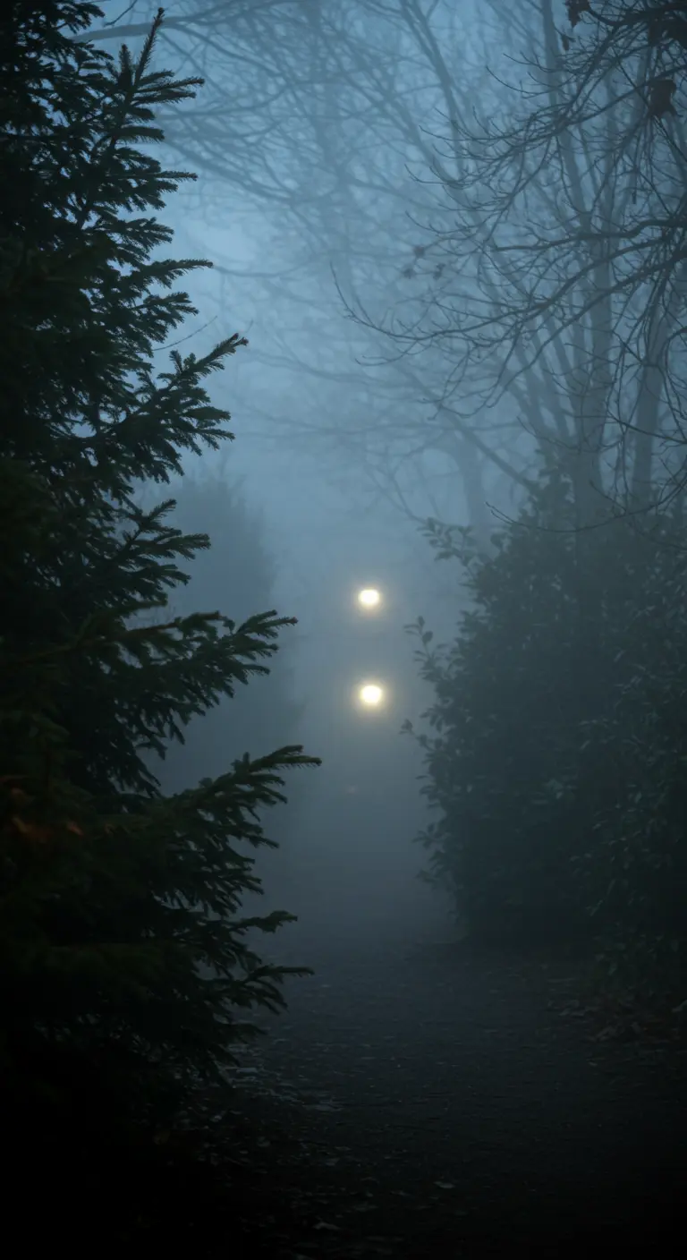 Two mysterious glowing orbs of light seen through a foggy forest path.
