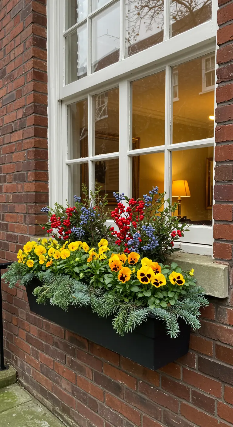 A window box with yellow pansies, fir sprigs, and red and blue berries.
