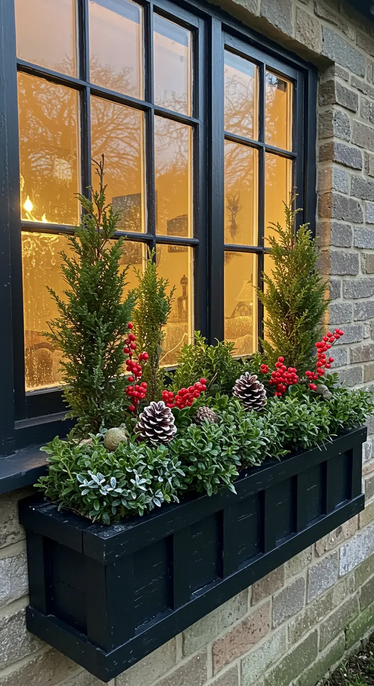 A black window box filled with evergreens, red berries, and pinecones, glowing from inside.