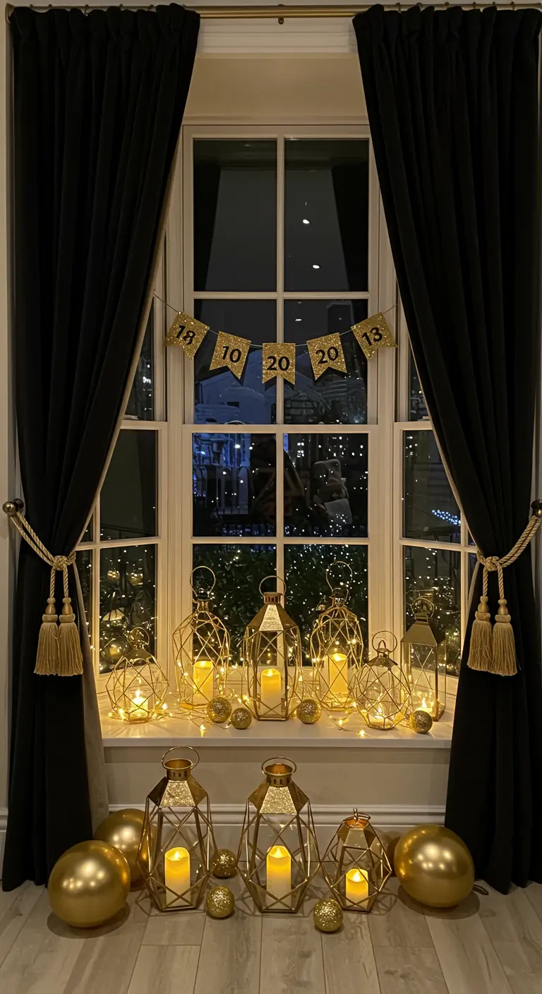 A window decorated for New Year's Eve with gold lanterns, candles, and a countdown banner.