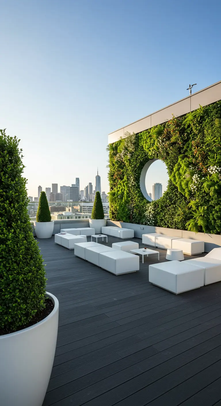 Rooftop terrace with a large green wall that has a circular cutout framing the city.