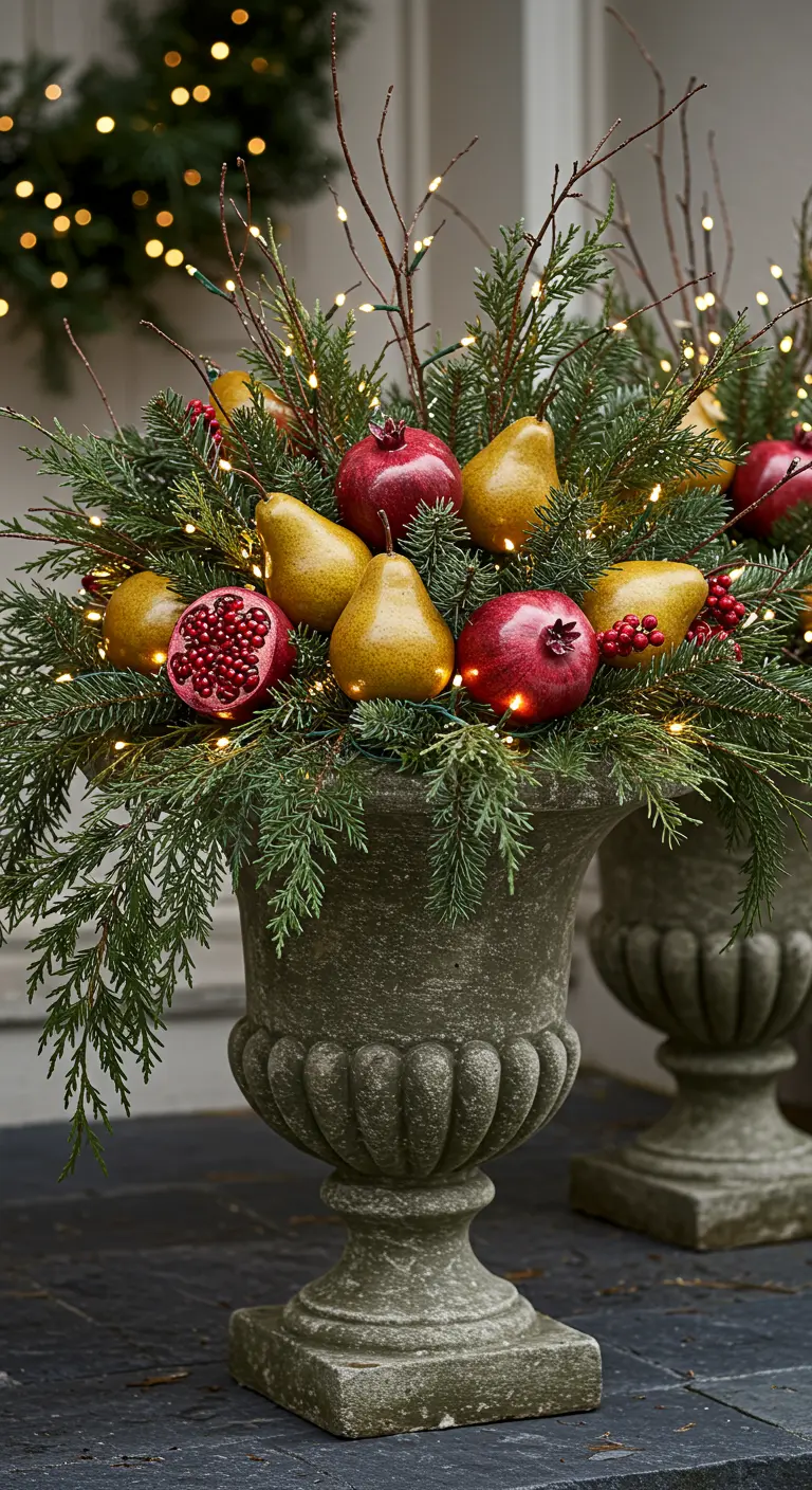 A stone urn filled with evergreens, fairy lights, and decorated with pomegranates and pears.