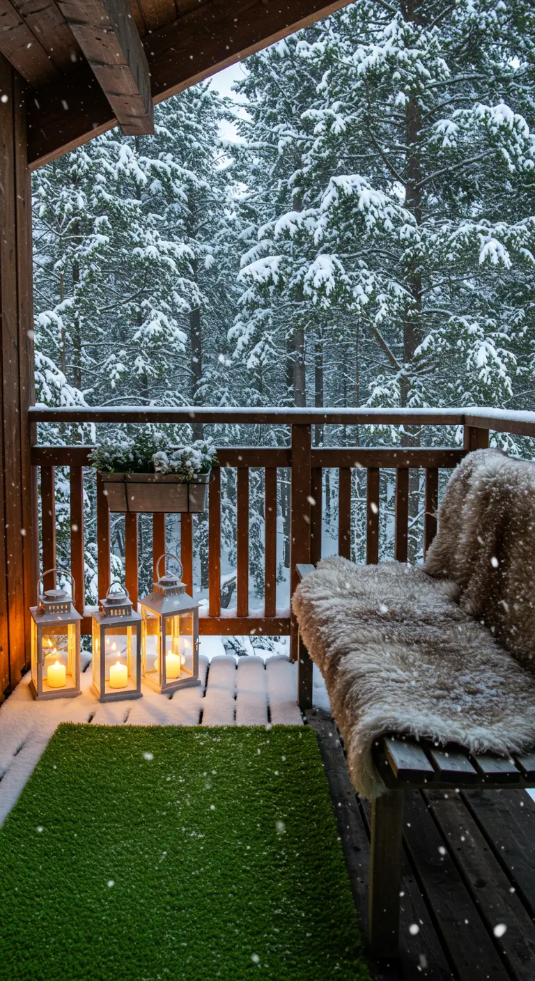 A snowy balcony with a fur throw on a bench and lanterns glowing in the snow.
